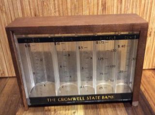 Vintage Stack Coin Bank Cromwell State Iowa Mcm Wood Garett
