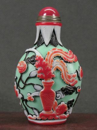 Chinese " Bo Gu " Carved Peking Overlay Glass Snuff Bottle