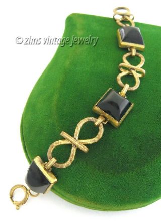 Vintage Old Art Deco Jet Black Glass Cabochon Stone Brass Chain Link Bracelet
