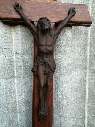 Big Antique France Wood Cross Crucifix Iron Jesus Christ Corpus Skull&bones Wall