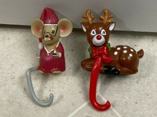 2 Vintage 1984 Christmas Stocking Hanger Holders Plastic Mouse & Reindeer