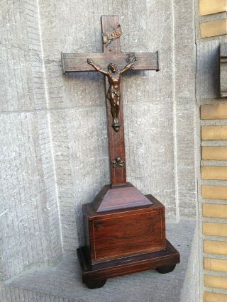 Antique Pedestal Church Monastery Altar Standing Wood Cross Crucifix Metal Jesus