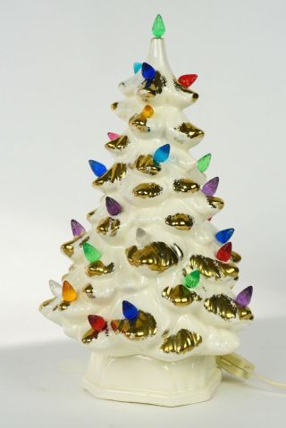Vintage Ceramic Christmas Tree - W/ Lighted Base White With Gold Trim