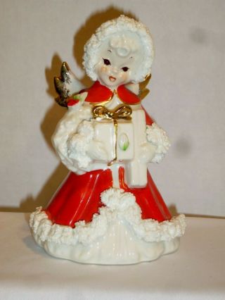 Vintage Napco? Christmas Shopper Girl Red Coat White Dress Fringe Lace Figurine