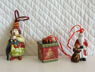 3 Vintage Villeroy & Boch Christmas Ornaments Santa Box Forest Flute Player Bird