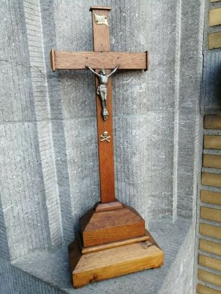 Antique Pedestal Monastery Altar Standing Wood Cross Crucifix Metal Jesus Corpus