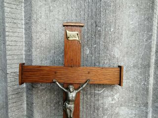 Antique Pedestal Monastery Altar Standing Wood Cross Crucifix Metal Jesus Corpus 2