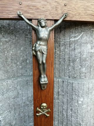 Antique Pedestal Monastery Altar Standing Wood Cross Crucifix Metal Jesus Corpus 3