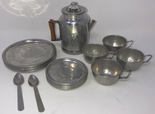 Vintage Little Bo Peep Aluminum Tea Set Percolator Coffee Pot Plates Cups Spoons