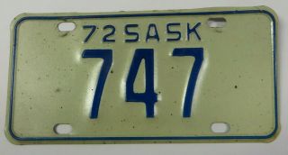 Vintage 1972 Saskatchewan Province,  Canada Motorcycle License Plate Tag 747