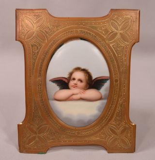 Antique Painting On Porcelain Plaque Cherub Bronze Easel Back Frame