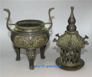 Asia Old Chinese Bronze Hand Carved Dragon Tower Incense Burner W Qianlong Mark