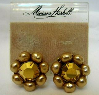 Signed Vintage Miriam Haskell Pearl & Rhinestone Gold Tone Cluster Clip Earrings