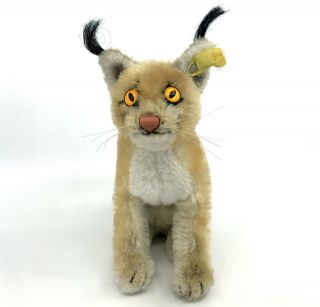Steiff Luxy Lynx Sitting Mohair Plush 17cm 7in 1963 Only Id Button Tag Squeaker