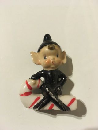 Vintage Sitting Pixie Elf Ceramic Figurine - In Black - Marked Japan