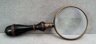 Antique Vintage Magnifying Glass Lacquer Wood Handle & Brass Hardware 6.  5 "