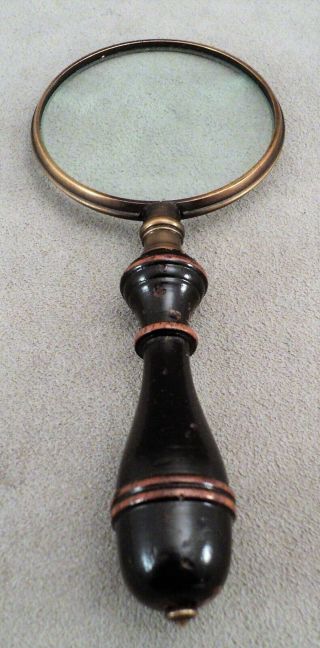 Antique Vintage MAGNIFYING GLASS Lacquer WOOD HANDLE & BRASS HARDWARE 6.  5 