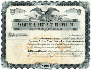 Vintage Stock Certificate - Syracuse & East Side Railway Company - 1890 