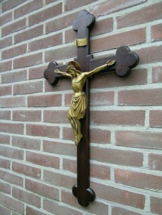 Antique Bronze Crucifix/corpus Jesus On Rosewood From Convent