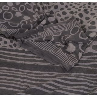 Sanskriti Vintage Grey Saree Pure Crepe Silk Printed Sari Soft 5yd Craft Fabric