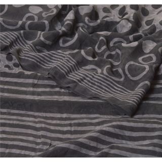 Sanskriti Vintage Grey Saree Pure Crepe Silk Printed Sari Soft 5Yd Craft Fabric 2