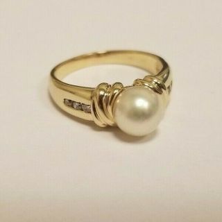 Vintage Solid 14k Gold Pearl & Diamond Ring Sz 7 Estate Jewelry 4.  3g