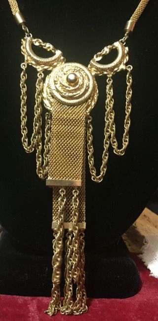 Vintage 1970s Mesh Detailed Statement Necklace Gold Tone Multi Chain Runway