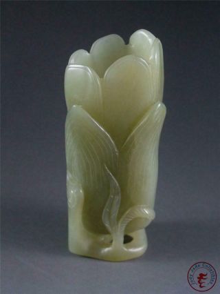 Fine Old Chinese Celadon Nephrite Jade Carved Brush Pot Style Statue Yulan Flowe