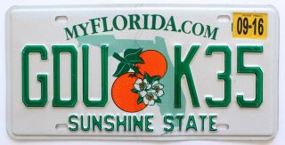 Florida 2016 " Orange Blossom " License Plate,  Gdu K35,  Sunshine State