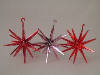 3 Vintage Christmas Bradford Mid Century Sputnik Atomic Red & Pink Ornaments