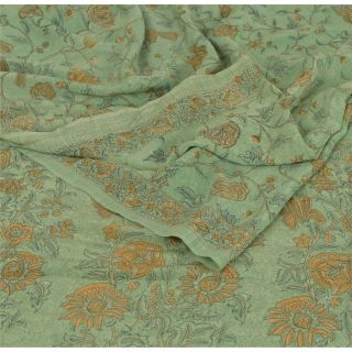 Sanskriti Vintage Green Saree Pure Crepe Silk Printed Sari Soft 5yd Craft Fabric