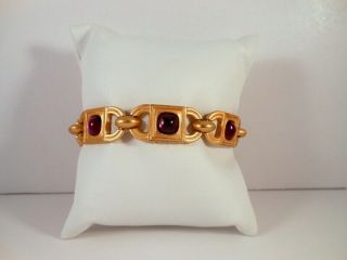 Vintage 80’s Monet Satin Gold Tone Amethyst Purple Glass Stone Link Bracelet