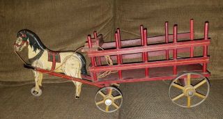 Antique Wood S A Smith Hand Carved Wooden Horse Red Cart W/tin Wheels Pull Toy