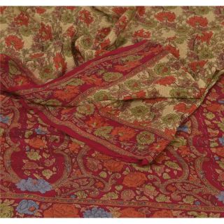 Sanskriti Vintage Cream Saree Pure Crepe Silk Printed Sari Soft 5yd Craft Fabric