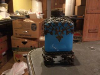 Antique French Blue Opaline Sent Perfume Bottle Bronze Filigree & Mount Base