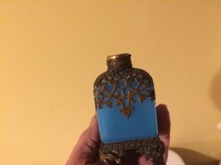 Antique French Blue OPALINE Sent Perfume Bottle Bronze Filigree & Mount Base 3