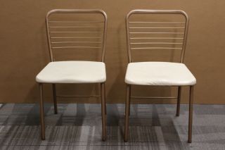 Two Vintage Mid - Century Modern 50s Folding Chairs Rose Gold Metal Gatefold