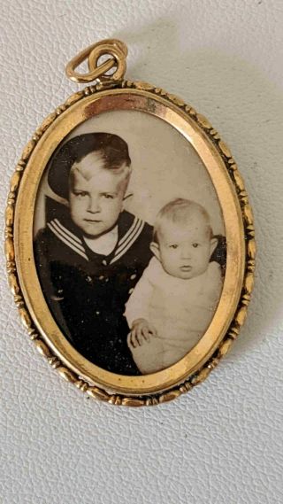 Vintage Pre War Gold Filled Oval Opening Locket With Photo Of A Boy & A Baby