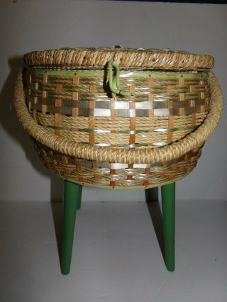 Vintage Rattan Sewing Basket On Legs Satin Lining And Tray Green & Beige Mcm