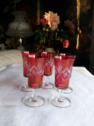 Vintage Set Of Bohemian Ruby Red Cut To Clear Crystal Cordial Glasses (5)