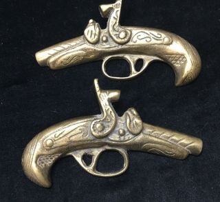 Set Of 2 Vintage Small Solid Brass Wall Hanging Pistols