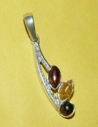 Vintage Modernist " 925 " Sterling Silver W/ Multi Color Baltic Amber Pendant Nr