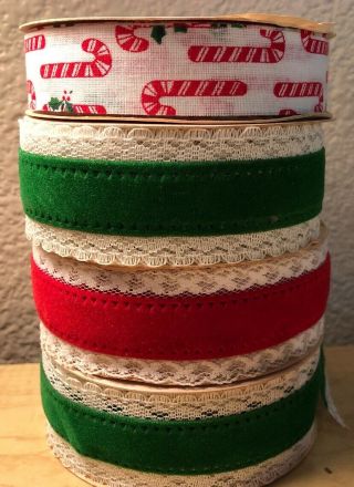 Vintage Set Of 4 Christmas Ribbon Rolls Green Red Velveteen & Lace,  Candy Cane