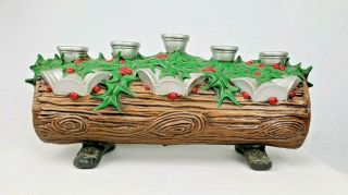Vtg Atlantic Mold Ceramic Christmas Yule Log Holly Leaves Berries Candle Holder