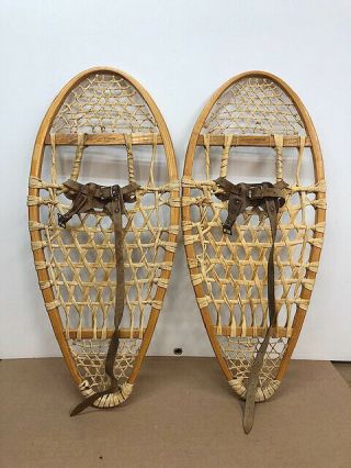 Antique Vintage Indian Made Bear Paw Snowshoes 13 " X 31 " - Usable Or Decor