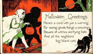 Vintage Halloween Postcard Girl W/ Jack O Lantern Full Moon Black Cat