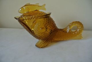 Vtg Amber Kemple ? Glass Saw Tooth Dolphin Condiment/candy Dish W/fish Lid
