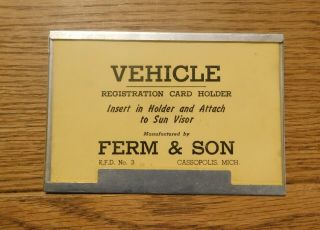 Vintage Auto Sun Visor,  Registration Card Holder Ferm & Son.