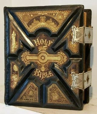Antique 1881 Family Parallel Holy Bible Apocrypha Restored With Clasps G7