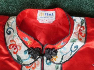 Vintage Chinese ESME Embroidered Red Silk Mandarin Kimono Robe Flowers Floral S 2